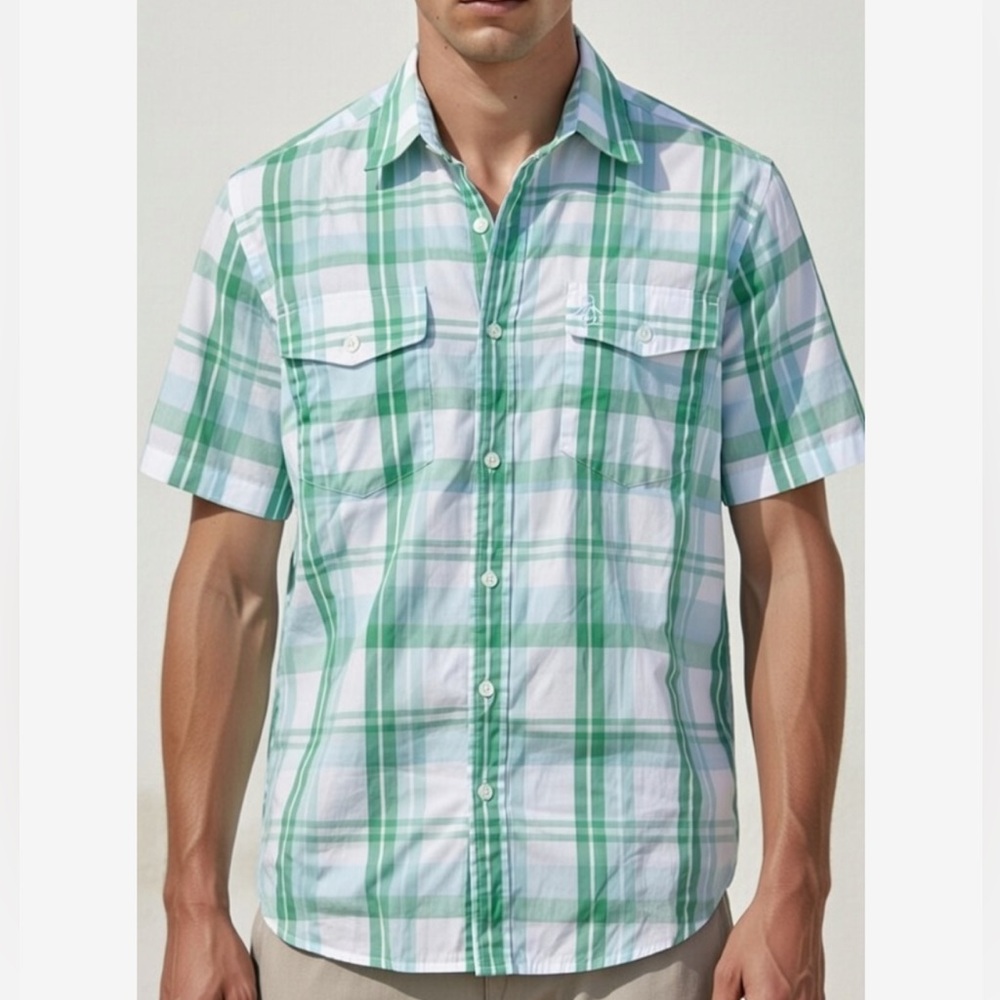Original Penguin By Munsingwear Green Plaid Short-Sleeve Button-Up Shirt